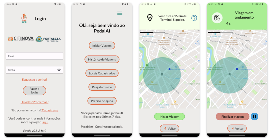 Prints mostram o aplicativo CITINOVA da Prefeitura de Fortaleza